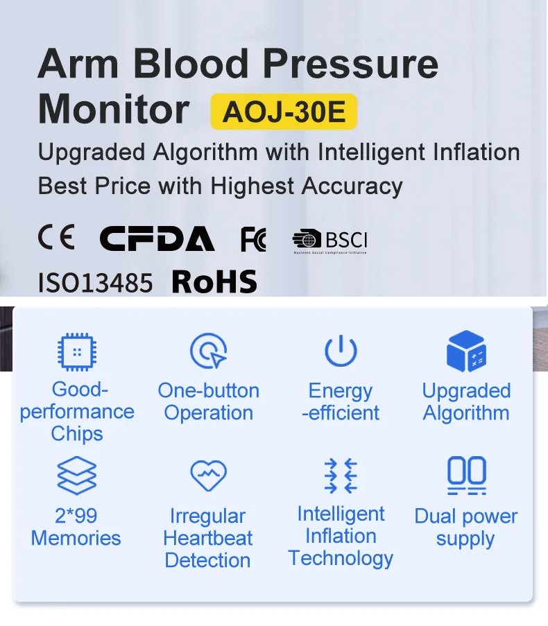 AOJ-30E Upper Arm Blood Pressure Monitor is the most cost-effective product, with all functions like 3-color backlit, 2x99 memories, Irregular Heartbeat Detection, WHO, but with low price